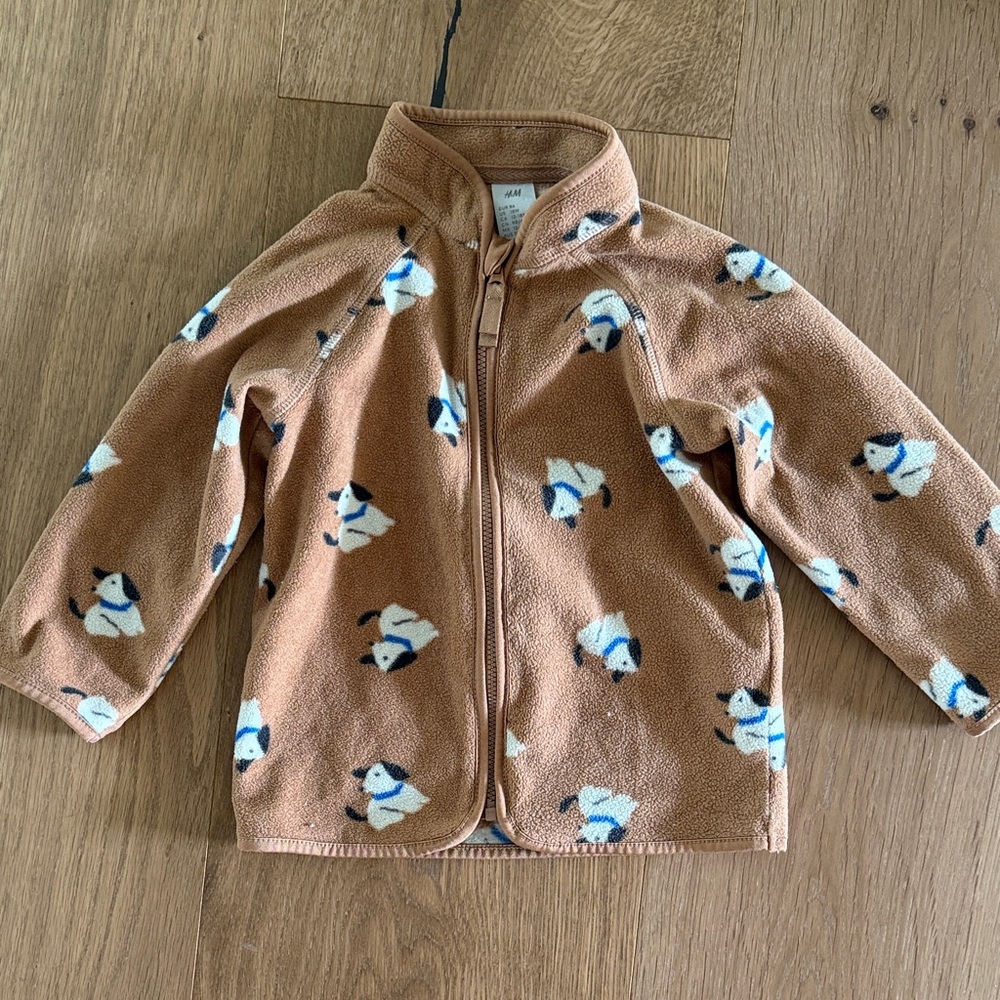H&M Kids Tan Fleece Jacket with White & Blue Puppy Print